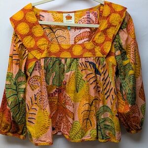 FARM Rio Orange and Green Leaf Print Blouse